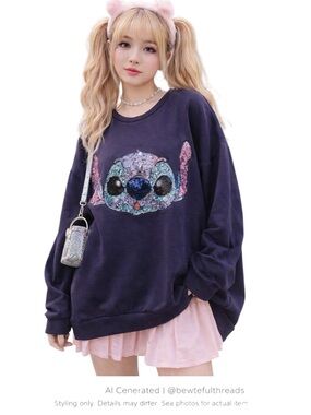 Y2K Disneycore Sequin Graphic Sweatshirt Oversized Cozy Streetwear